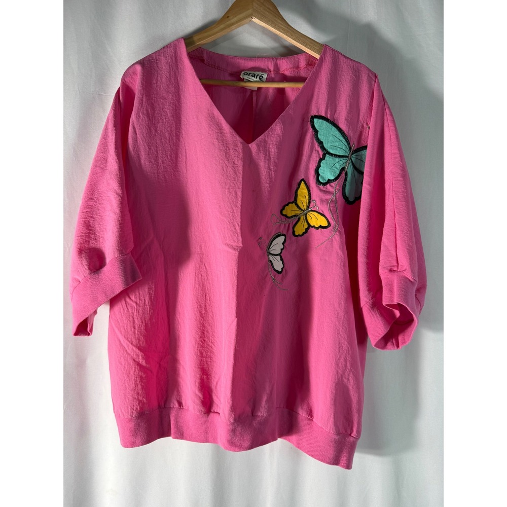 Vintage Orare Pink Butterfly Graphic V-Neck Blouse Short Sleeve Made in USA